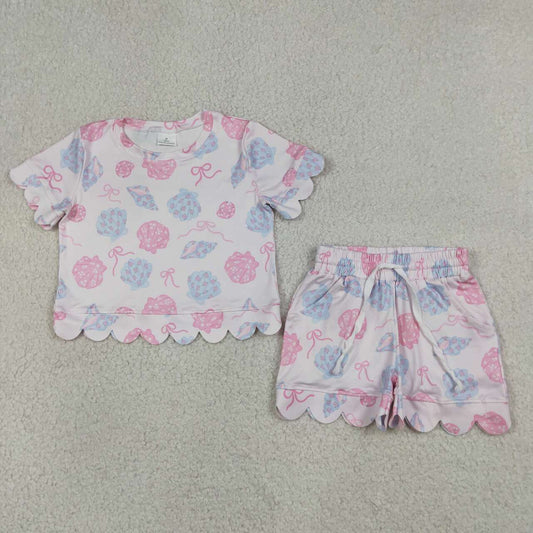 Pink blue Scallop top matching shorts girls summer outfit