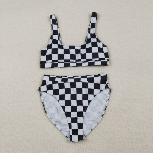 Adult women black checkered two pieces swimwear