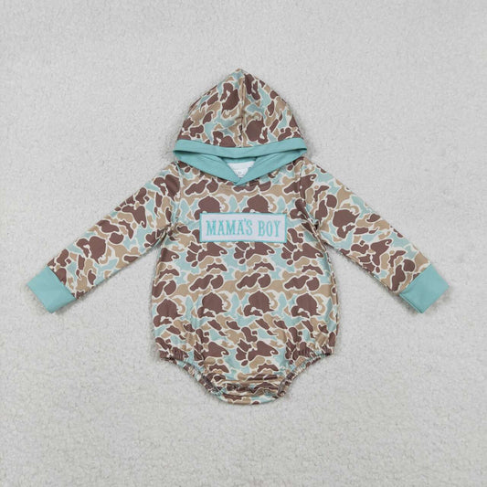 embroidery Mamas boy light green camo toddle baby long sleeve hoodie romper