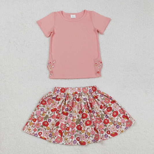 Baby girls dark pink top red floral skirt shorts summer shorts outfit
