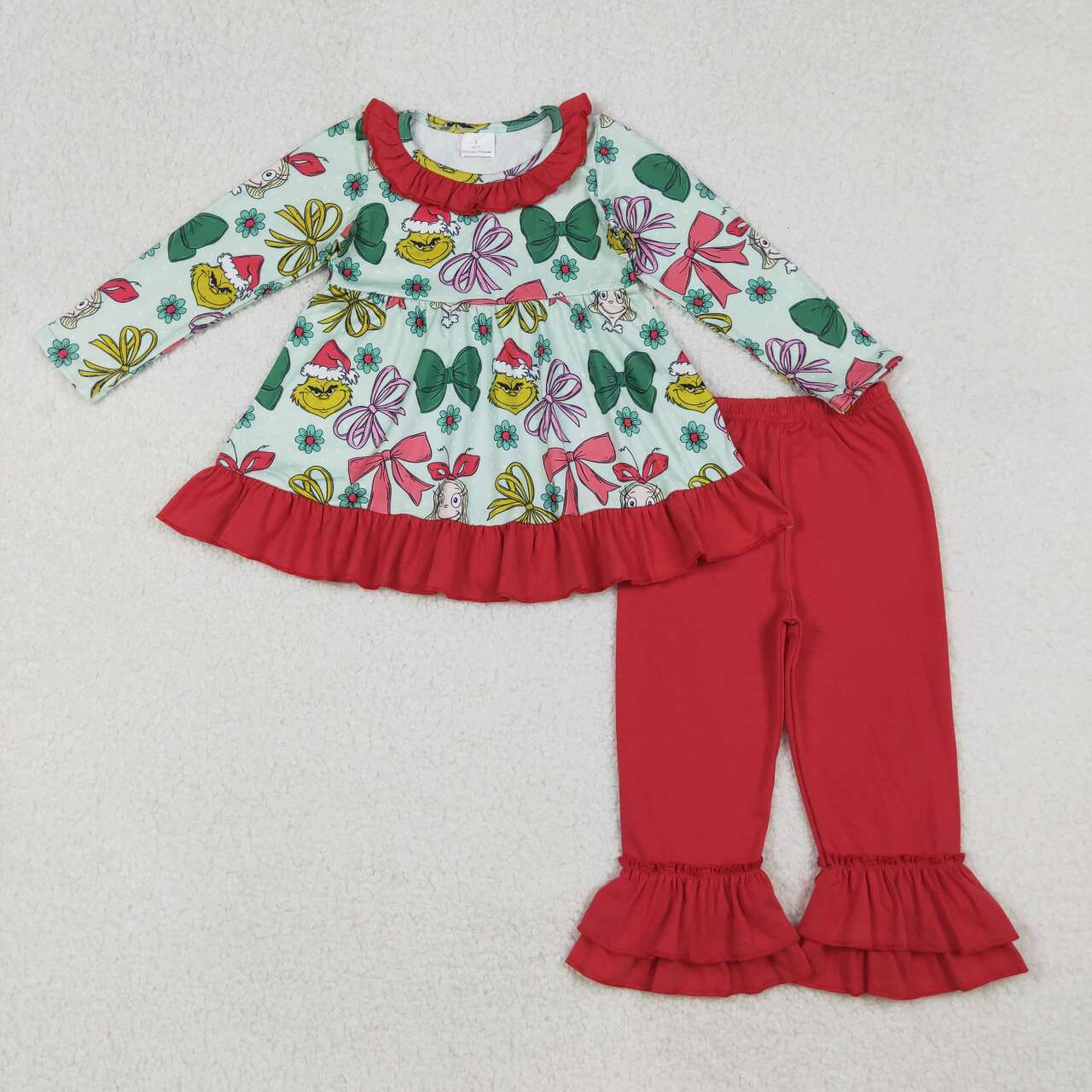 Christmas green face bow design kids long sleeve matching outfit