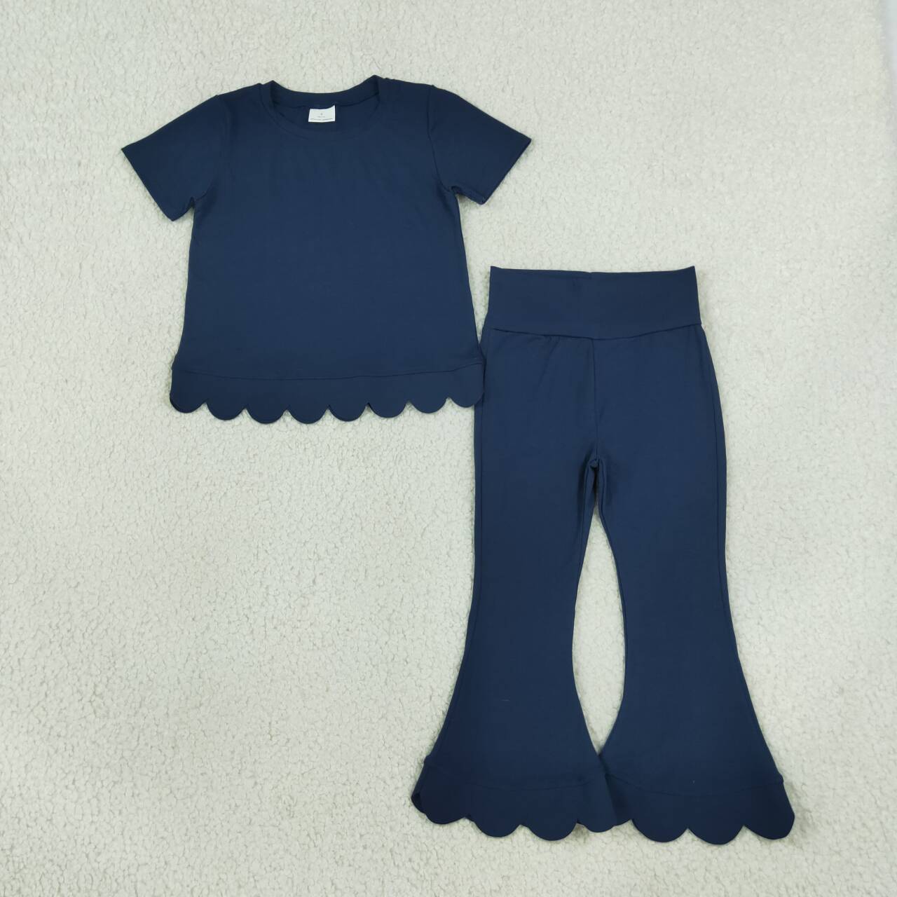 Girl navy color short sleeve scallop top matching pants wholesale outfit preorder