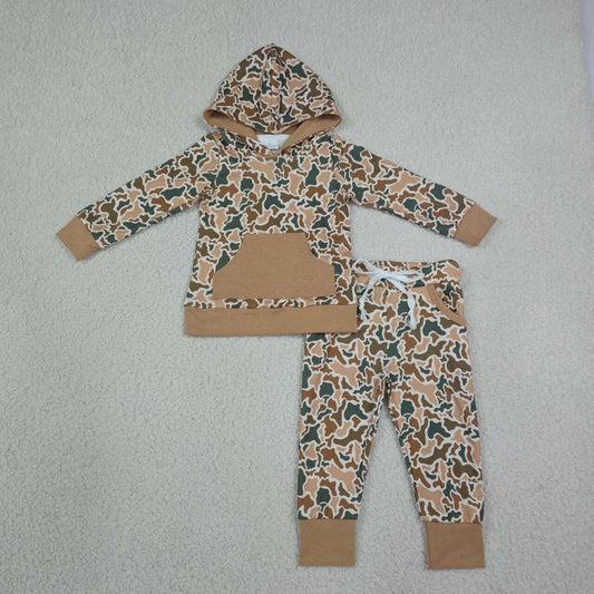 Khaki green camo print boys long sleeve hoodie set outfit