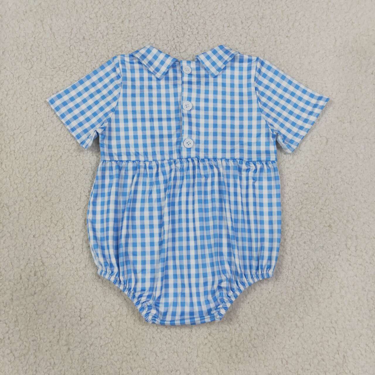 Baby sister blue plaid short sleeve smocked romper