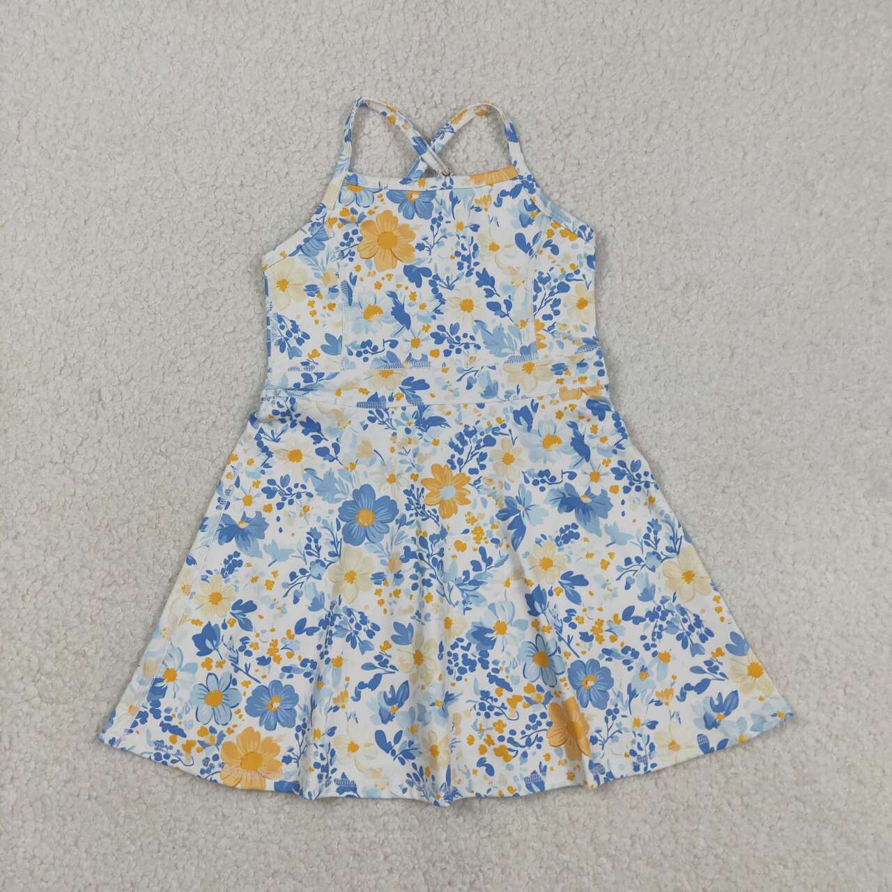 Yellow blue flowers design girls yoga dress