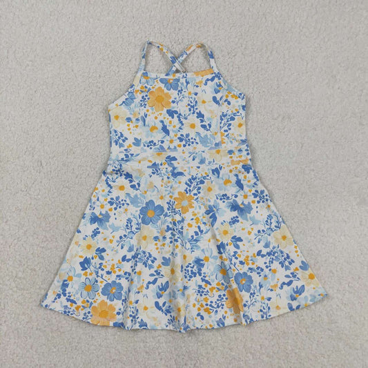 Yellow blue flowers design girls yoga dress