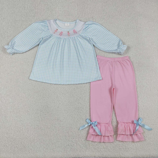 Blue plaid embroidery ballet shoes girls long sleeve outfit
