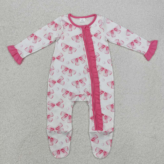 baby girls pink bow long sleeve footie romper