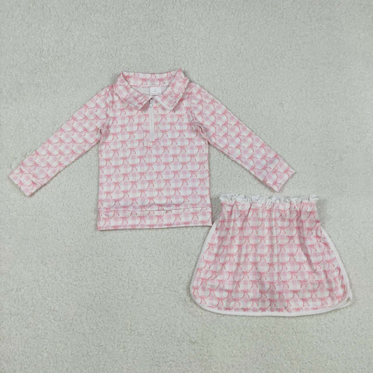 Pink bow long sleeve top matching skirt girls clothes