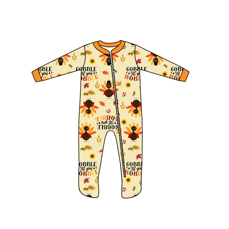 Pre-order long sleeve Thanksgiving turkey zip romper