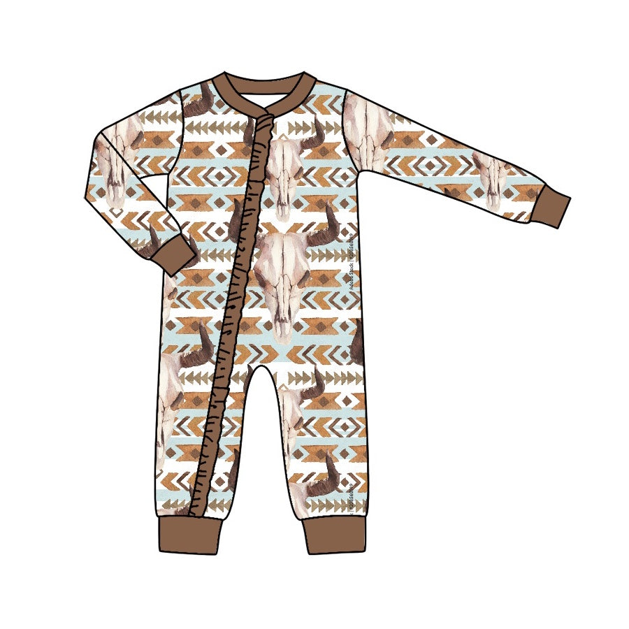 western aztec cow long sleeve zip romper preorder