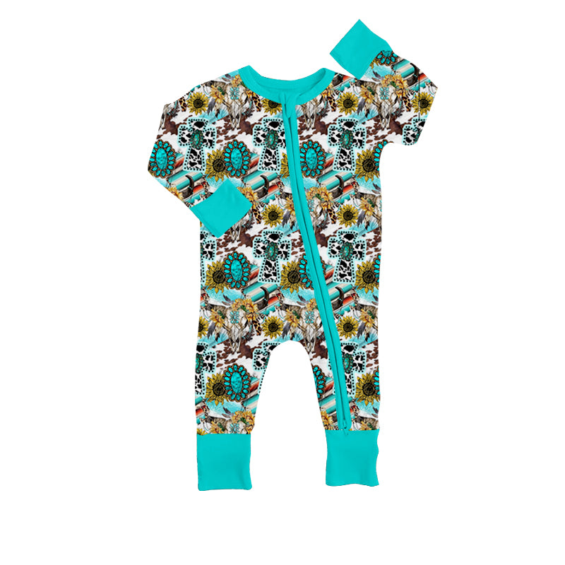 turquoise sunflower cow baby long sleeve zip romper preorder