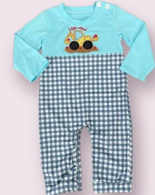 baby boy construction romper Valentines day romper preorder