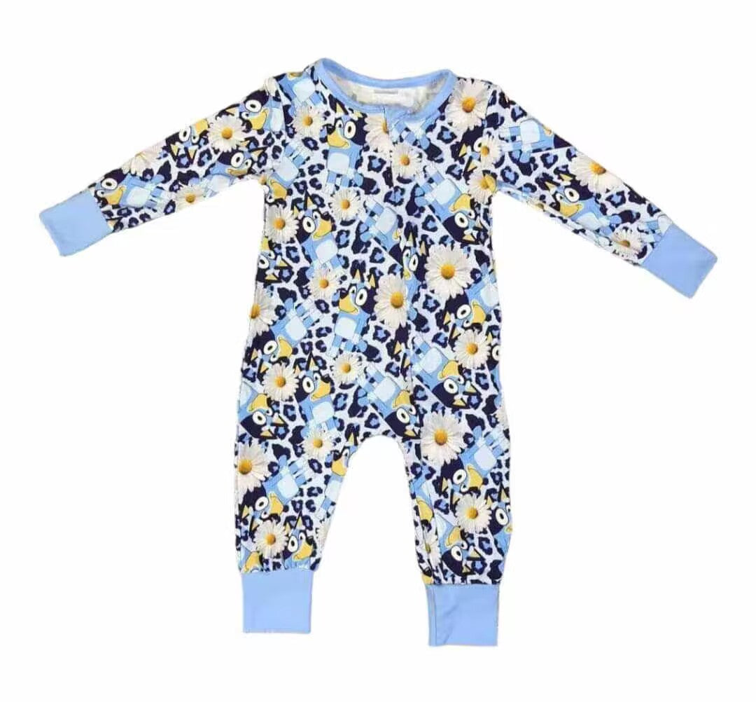 blue cartoon dog floral long sleeve romper preorder