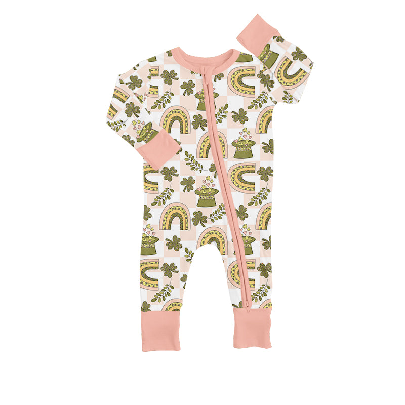 Saint Patrick's Day green clover rainbow zip romper preorder