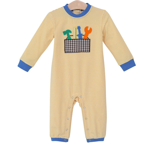 toddle baby yellow stripes tool print romper preorder