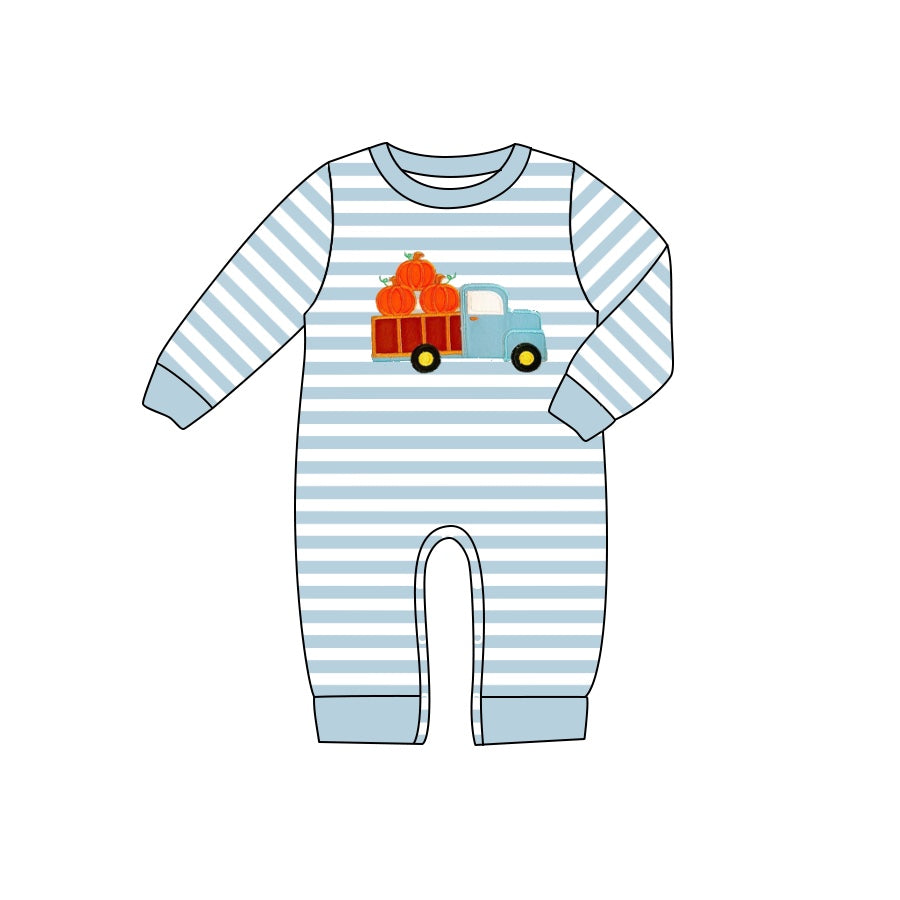 toddle baby boy blue stripes pumpkin trunk romper preorder