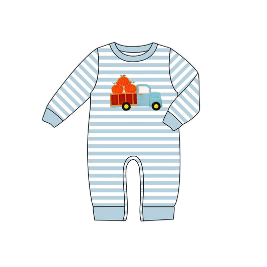 toddle baby boy blue stripes pumpkin trunk romper preorder