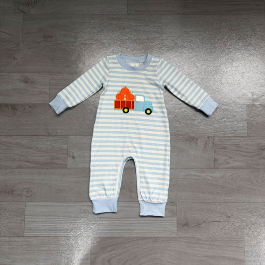 toddle baby boy blue stripes embroidery pumpkin trunk romper preorder