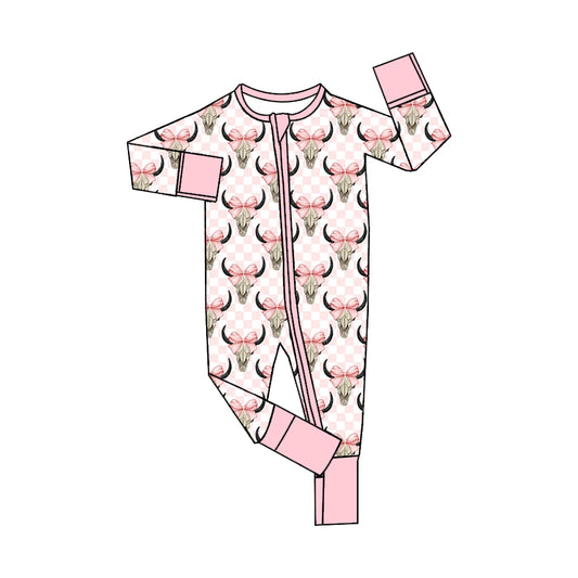 wholesale kids girls long sleeve pink checkered highland cow zip romper preorder