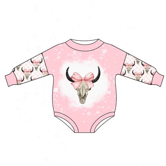 wholesale kids girls pink checkered highland cow  long sleeve romper preorder