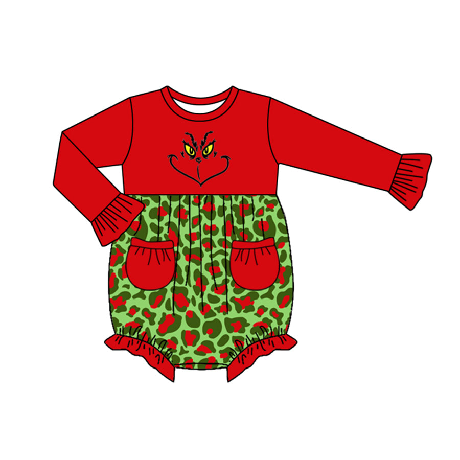 infant baby girls christmas green face cheetah romper preorder