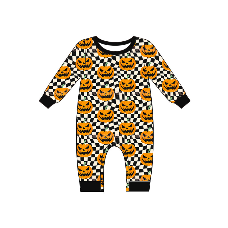 toddle boy halloween pumpkin black checkered romper preorder