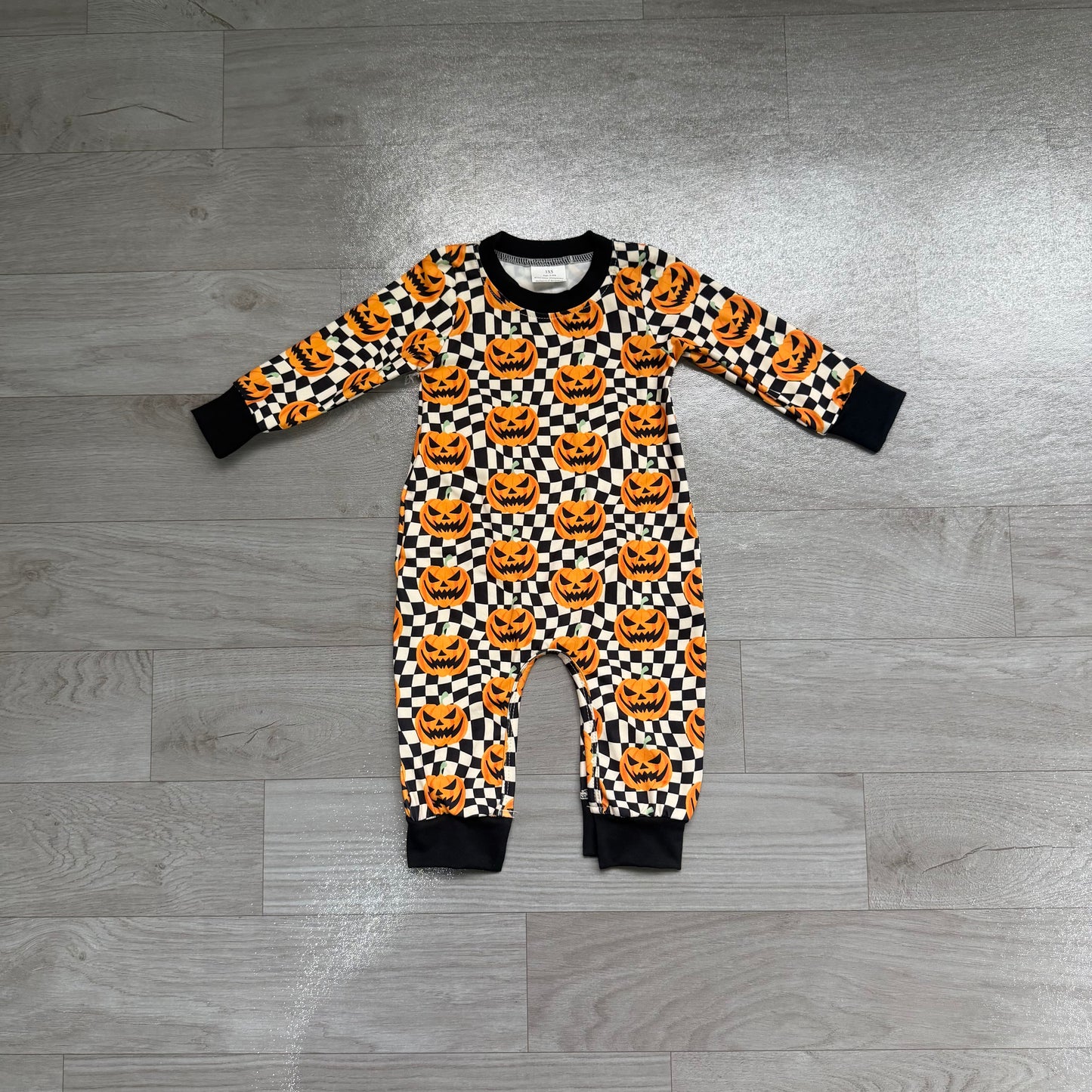 toddle boy halloween pumpkin black checkered romper preorder