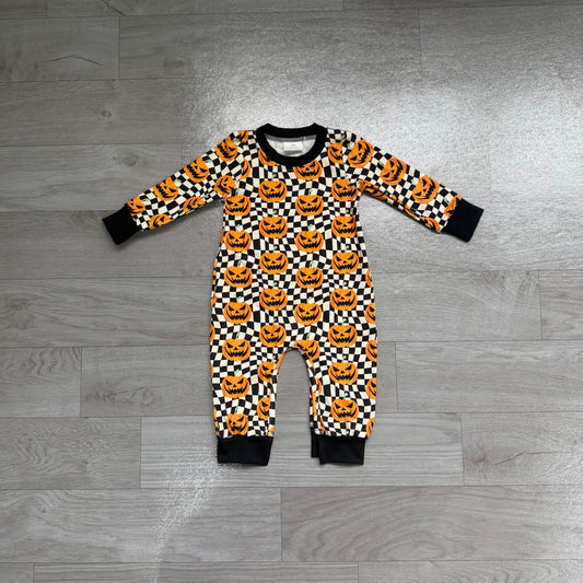 toddle boy halloween pumpkin black checkered romper preorder