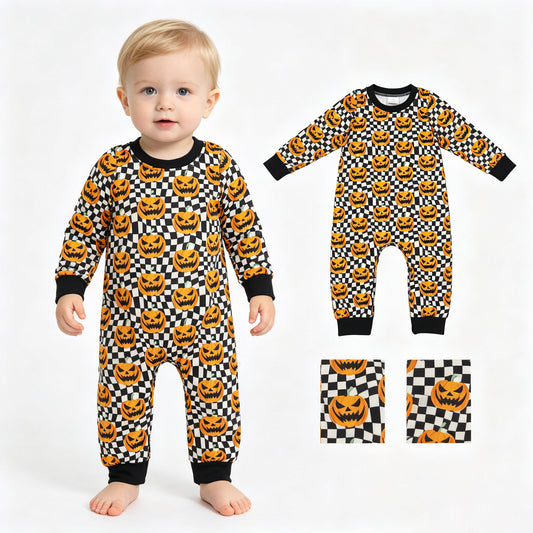 toddle boy halloween pumpkin black checkered romper
