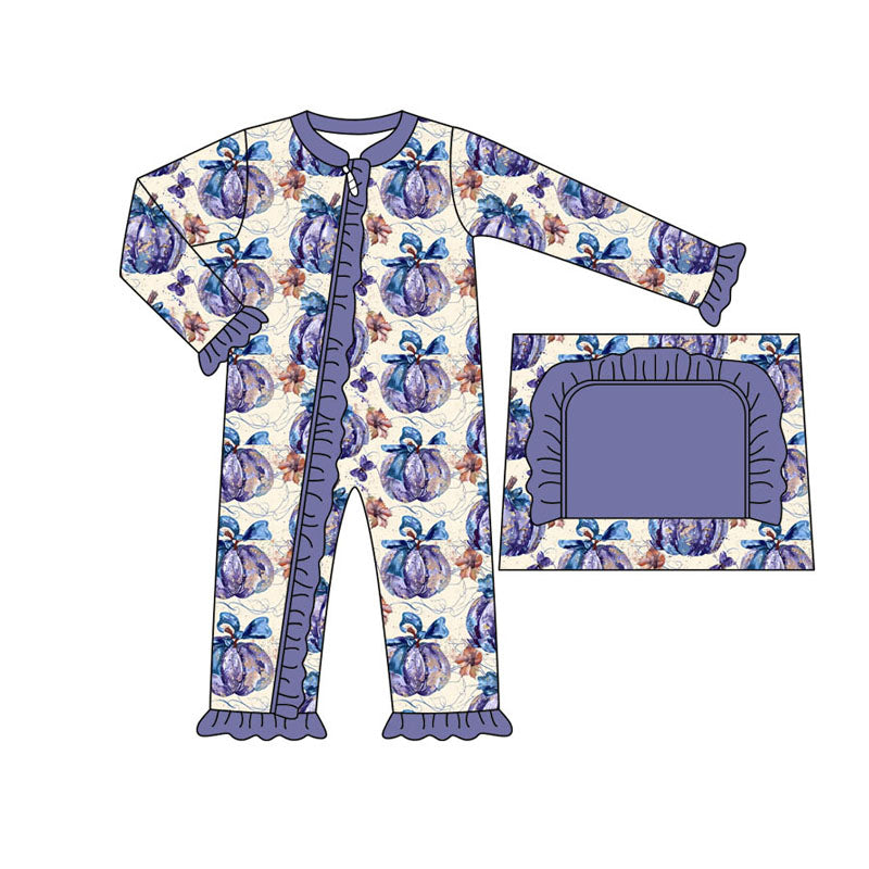 infant baby kids lavender Pumpkin Fall Season long sleeve zip romper preorder
