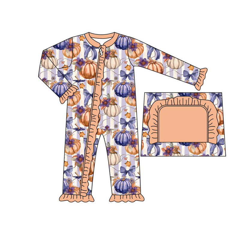 infant baby kids Floral Pumpkin Bow Fall Season long sleeve zip romper preorder