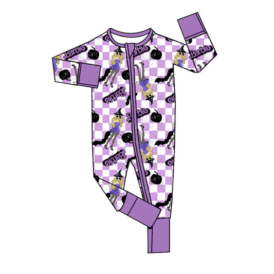 Halloween pumpkin doll design checkered zip romper preorder