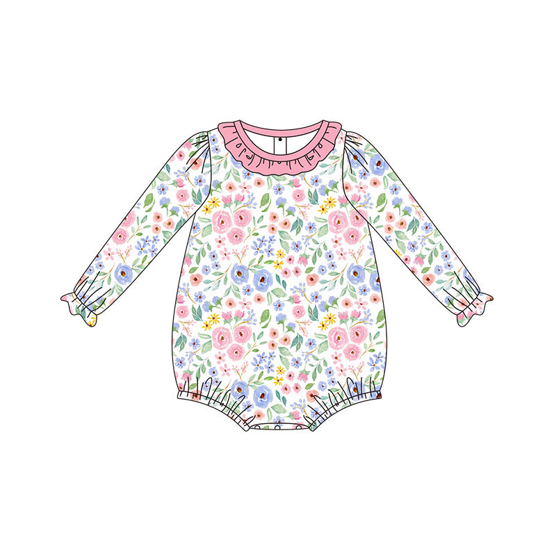 Infant baby girl blue pink floral long sleeve romper preorder