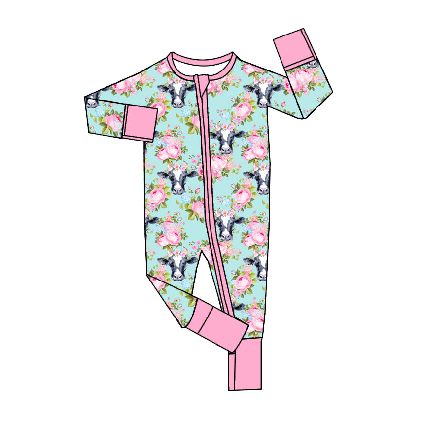 Toddle baby girl farm cow pink flower zip romper preorder