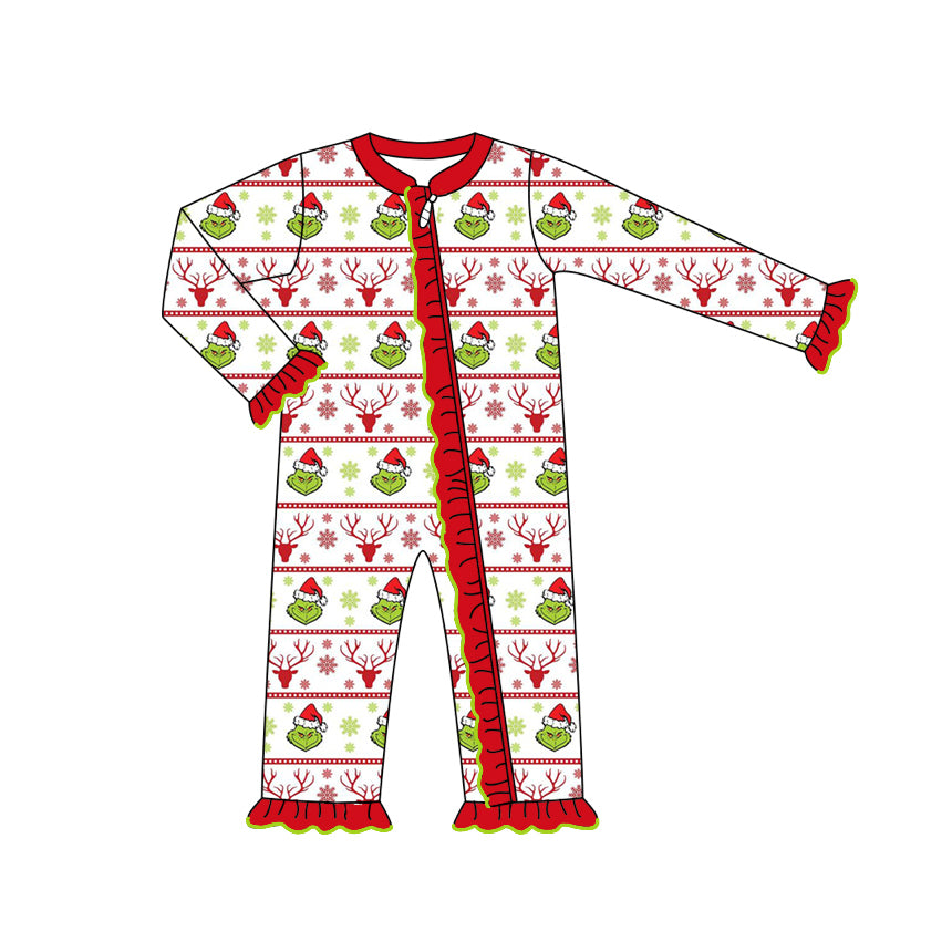 Toddle baby girl Christmas reindeer green face zip romper preorder