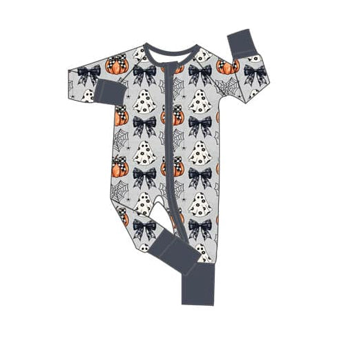 Halloween ghost pumpkin bow long sleeve zip romper preorder