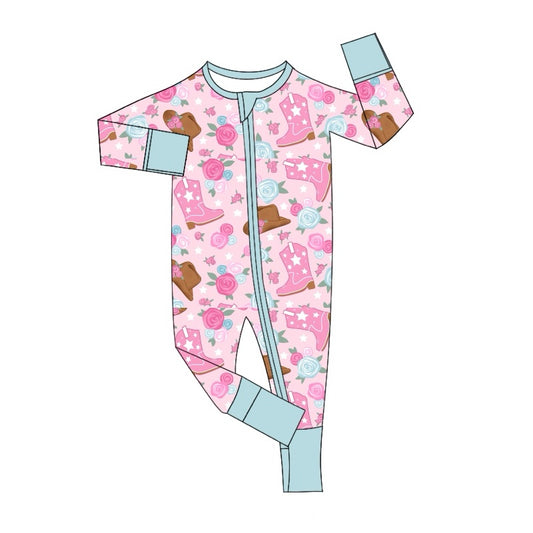 cowgirl western pink boots long sleeve zip romper preorder