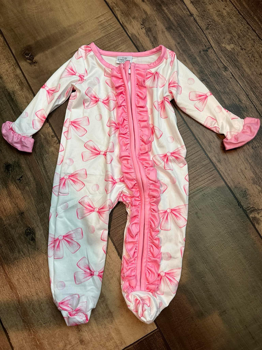 Infant baby girls pink bow long sleeve romper preorder