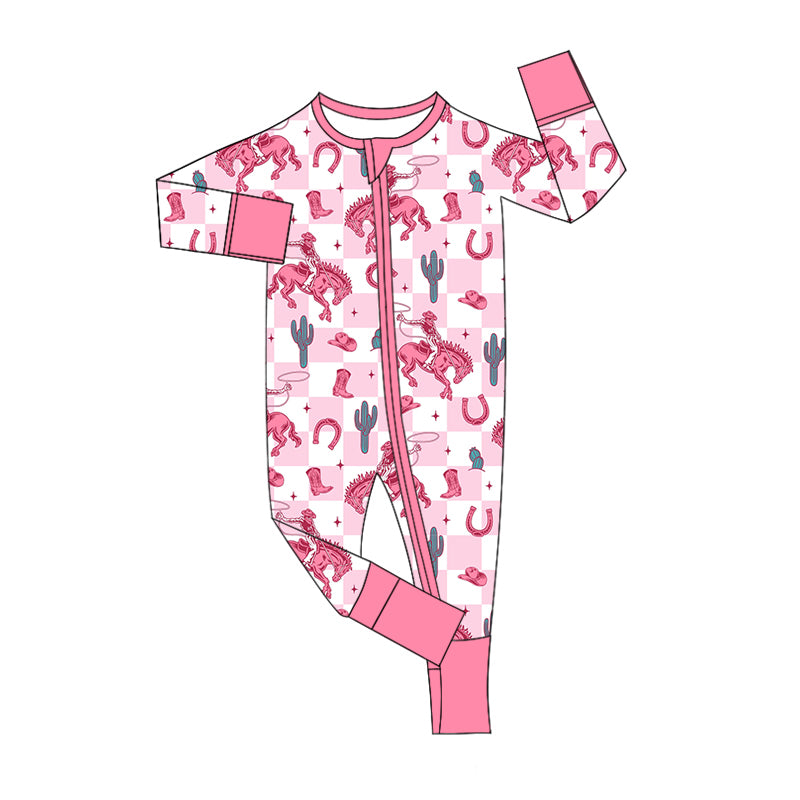 Cowgirl western pink checkered zip romper preorder