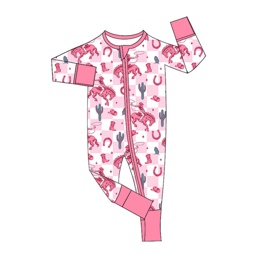 Cowgirl western pink checkered zip romper preorder