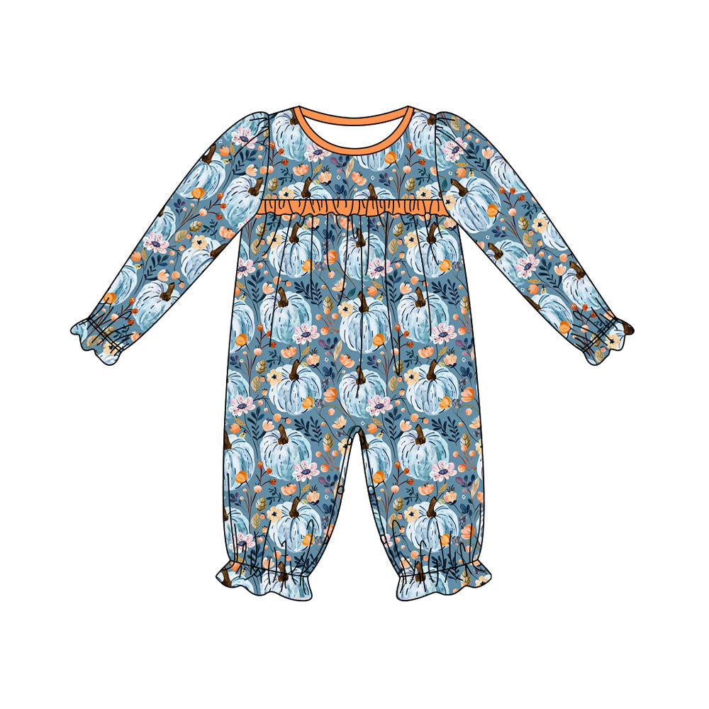 Blue pumpkin floral baby girls long sleeve romper preorder