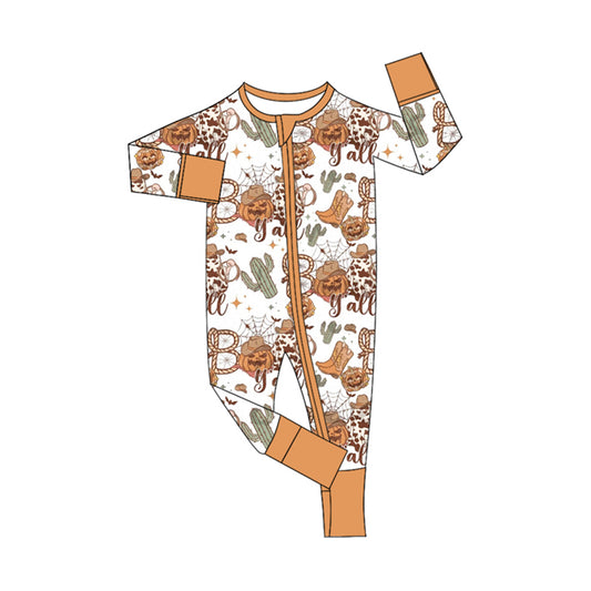 Cowboy western Halloween pumpkin long sleeve romper preorder