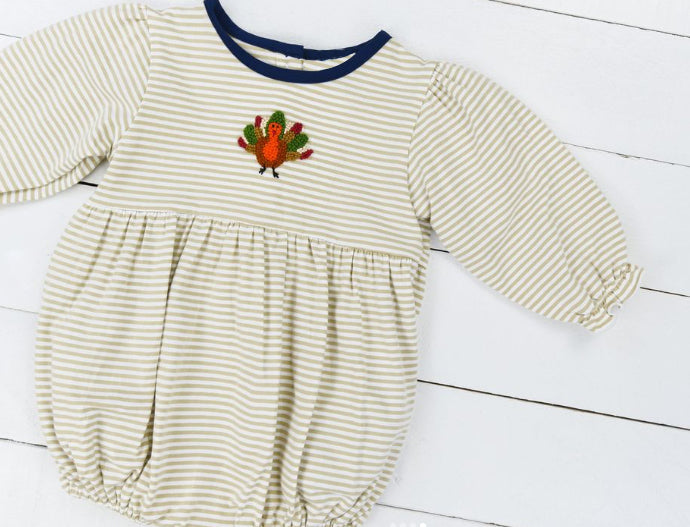 Thanksgiving turkey khaki stripes baby girl romper preorder