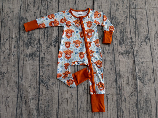 Toddle girls highland cow western zip romper preorder