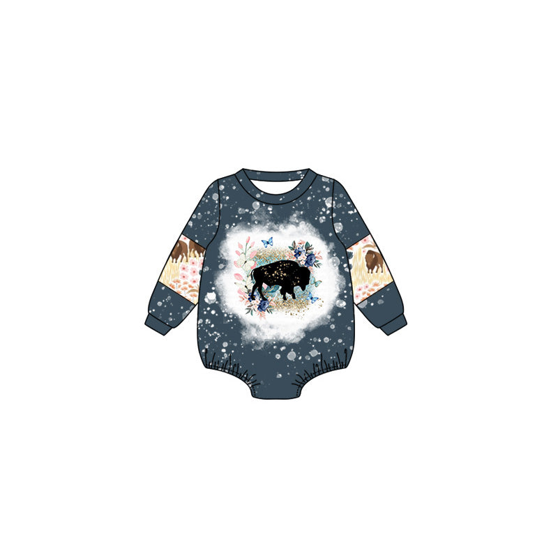 Cow print bleu floral western long sleeve romper preorder