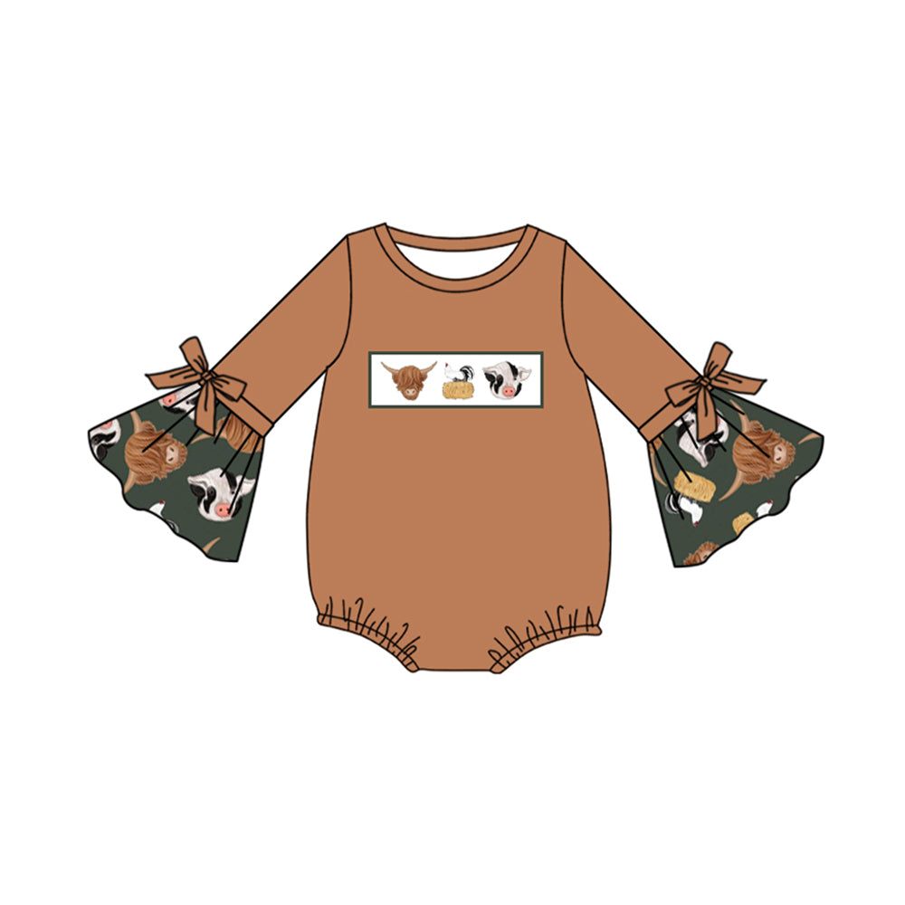 Infant baby girls highland cow pig farm animal long sleeve romper preorder