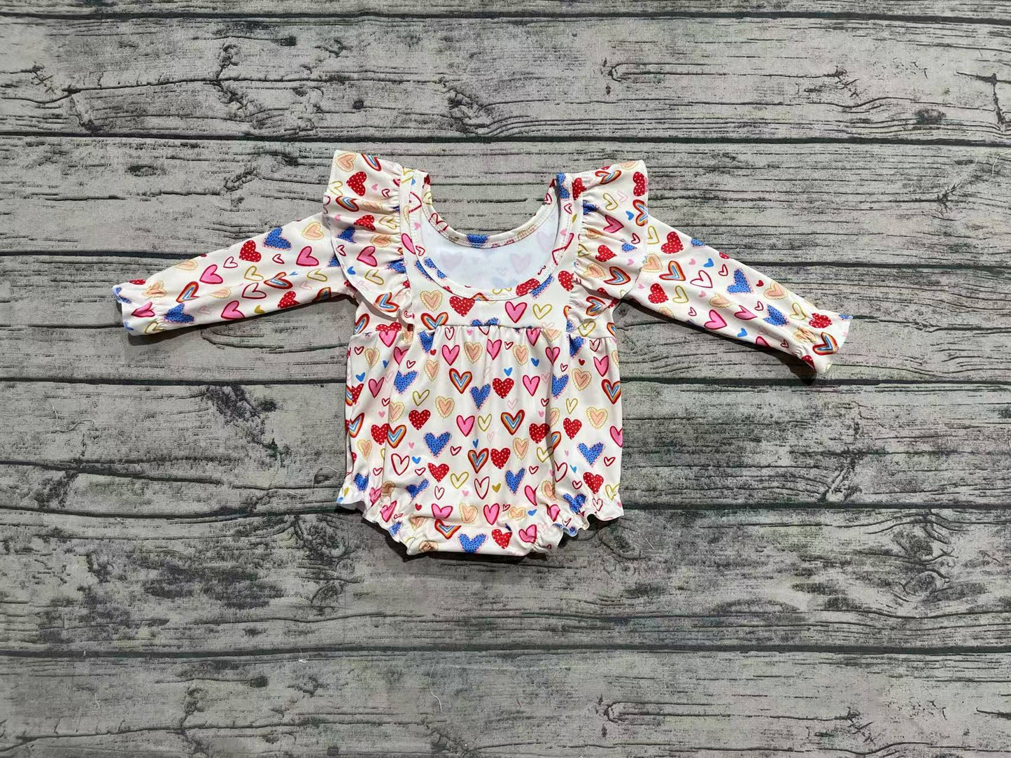 Valentines day colorful heart baby girls romper preorder