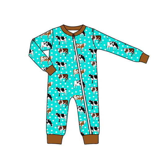 Farm cow baby boy long sleeve zip romper preorder