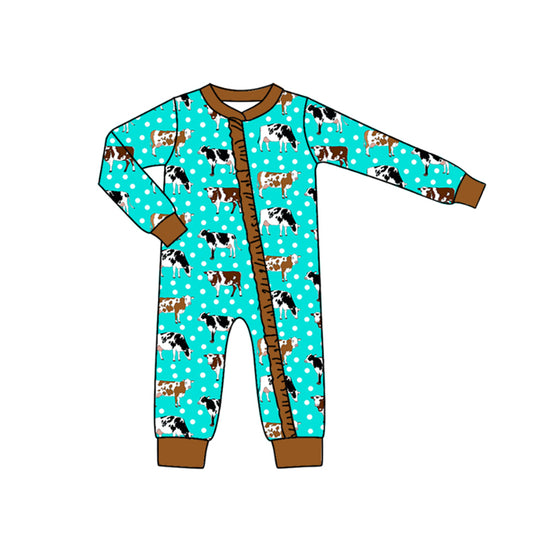 Farm cow baby girl long sleeve zip romper preorder